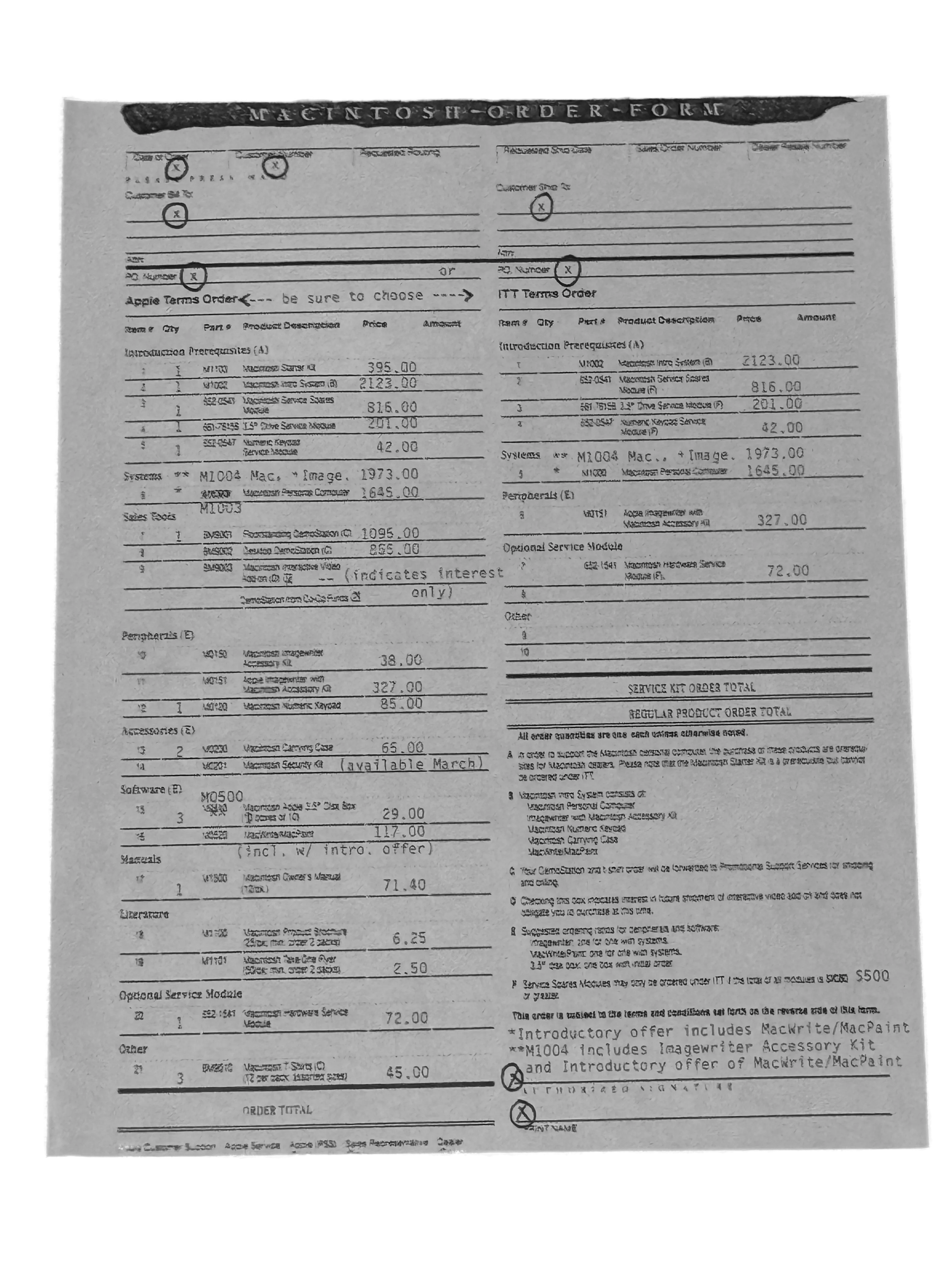 Apple Macintosh Order Form aus der Markteinführung 1984 mit Produktnummern und Händlerpreisen
