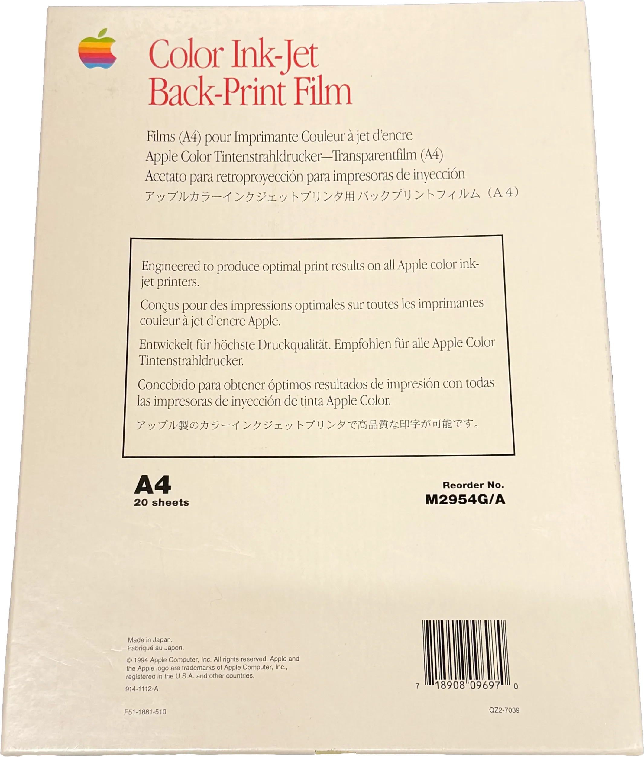 Apple Color Ink-Jet Back-Print Film A4 – Originalverpackung mit Bestellnummer M2954G/A