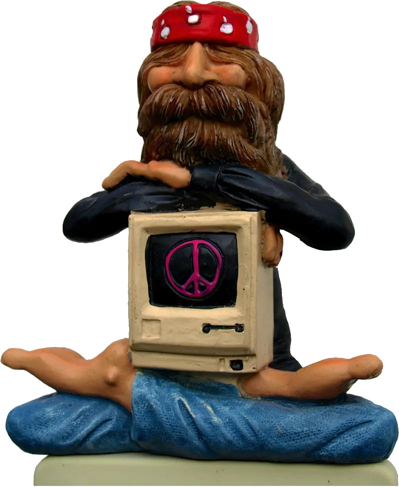 Hippie-Figur mit Macintosh und Peace-Zeichen