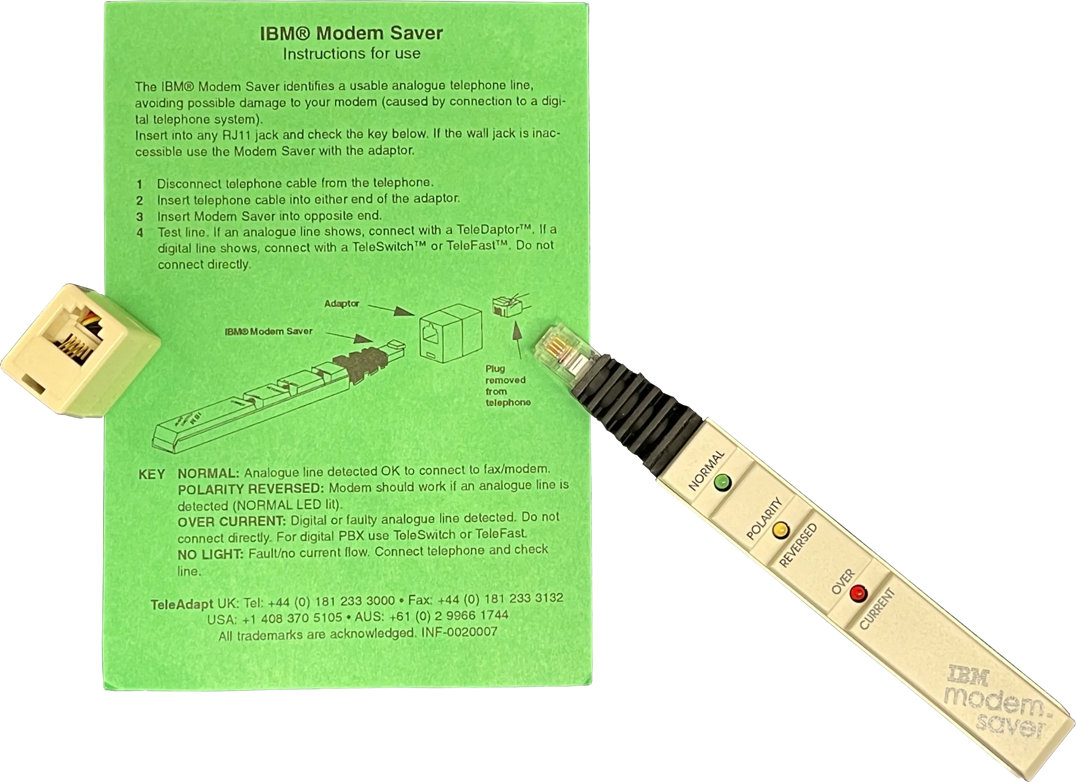 IBM Modem Saver von TeleAdapt mit RJ11-Adapter und originaler Anleitung INF-0020007
