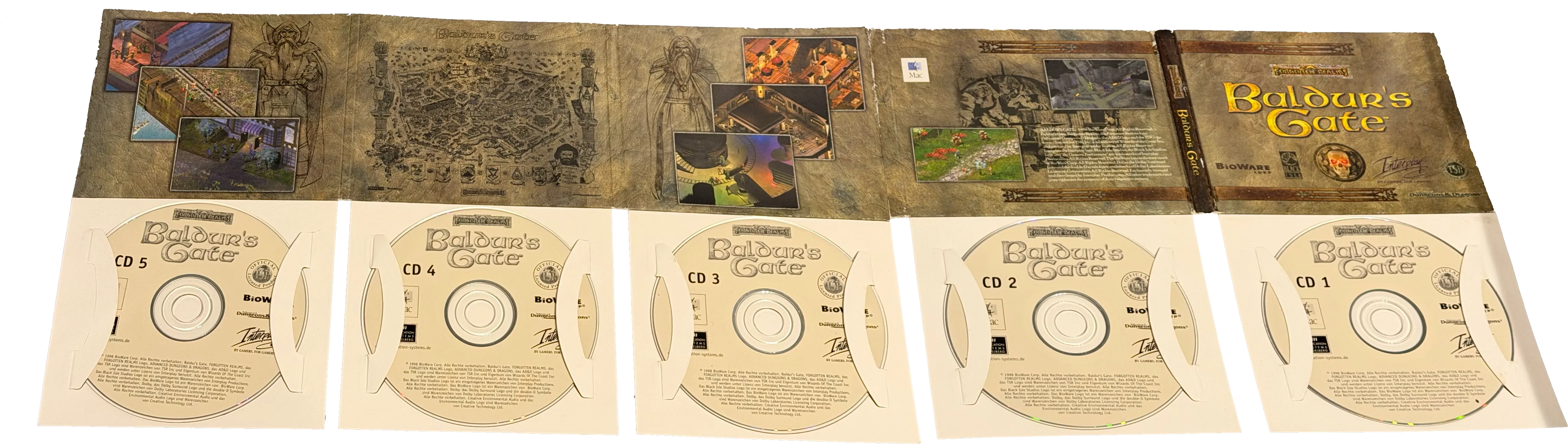 Baldur's Gate – deutsche Macintosh-Ausgabe mit Klappverpackung und fünf CD-ROMs
