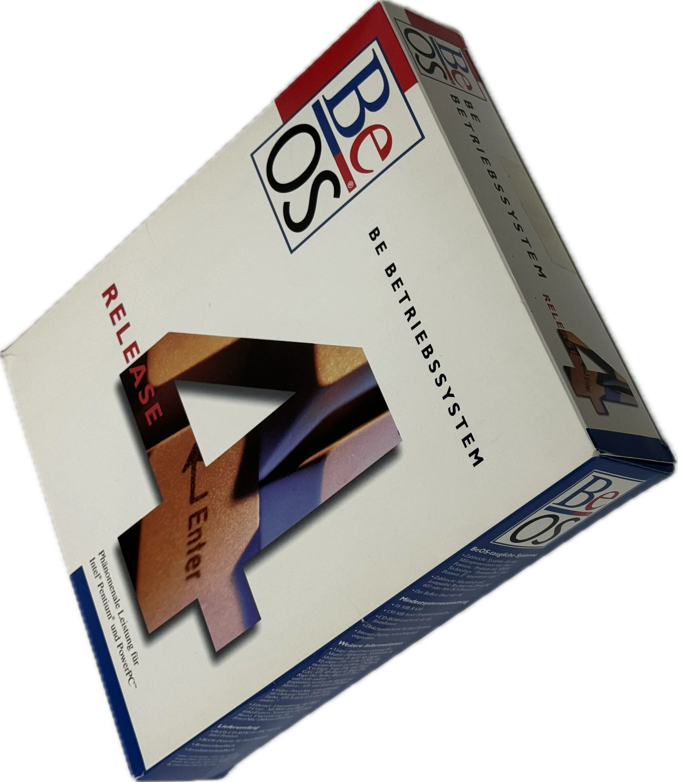 Deutsch beschriftete Verkaufspackung von BeOS Release 4 für Intel Pentium und PowerPC