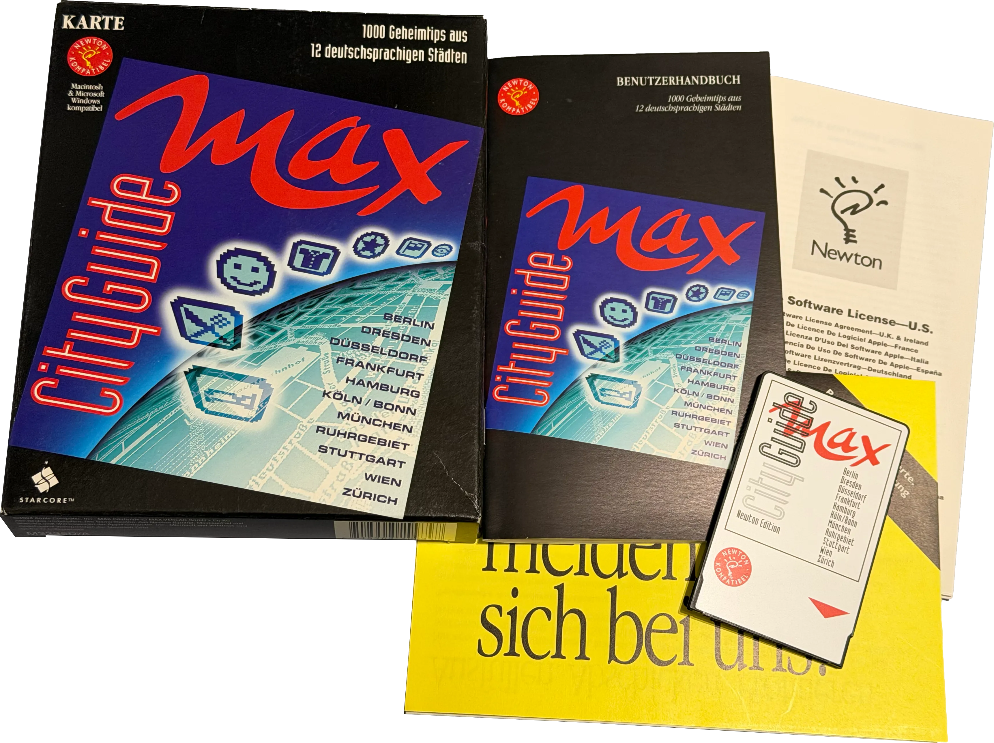 CityGuide Max – Originalverpackung, Benutzerhandbuch, Newton-Lizenzunterlagen und Newton-Edition auf PCMCIA-Karte