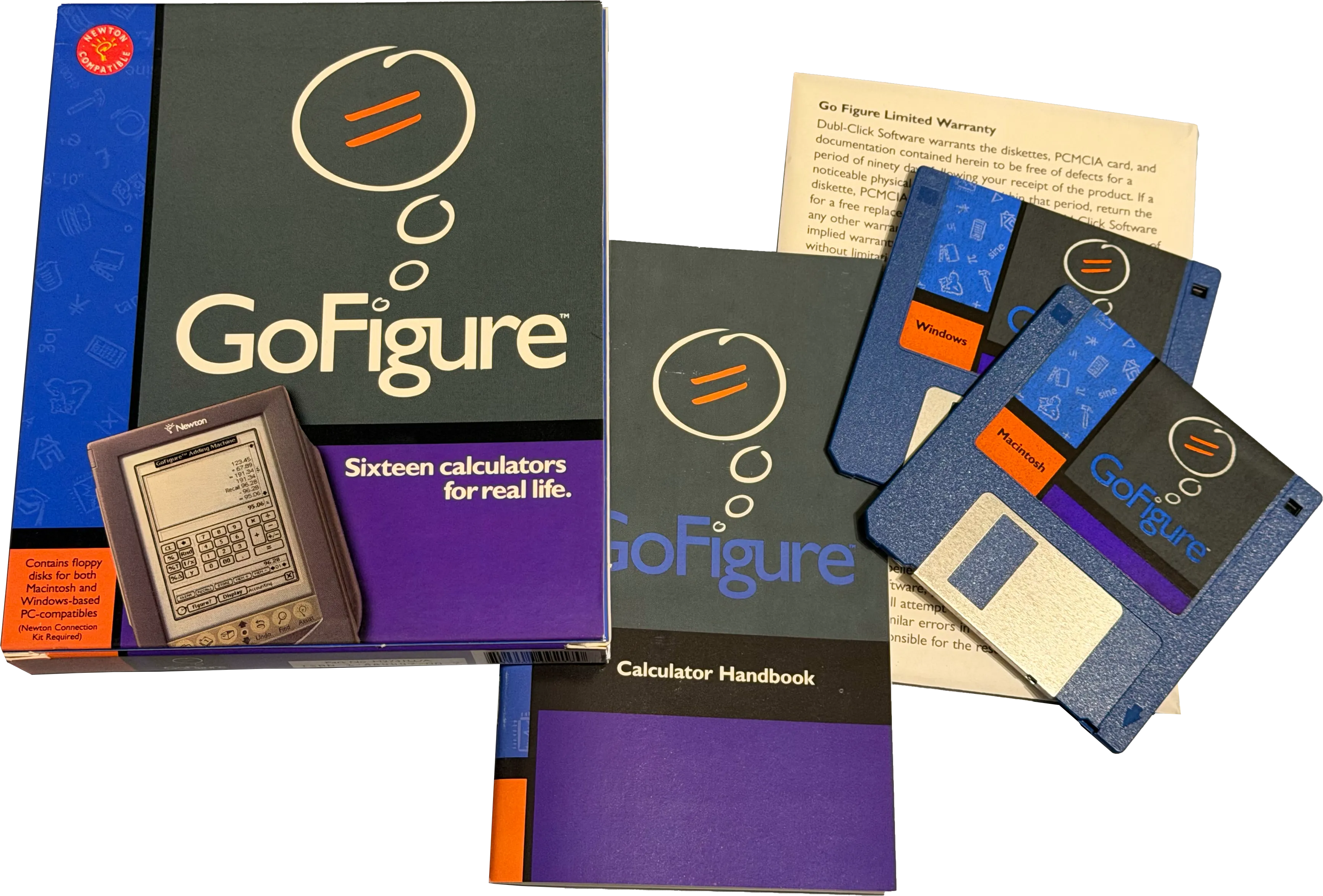 GoFigure – Originalverpackung mit Calculator Handbook, Garantiekarte sowie Macintosh- und Windows-Disketten