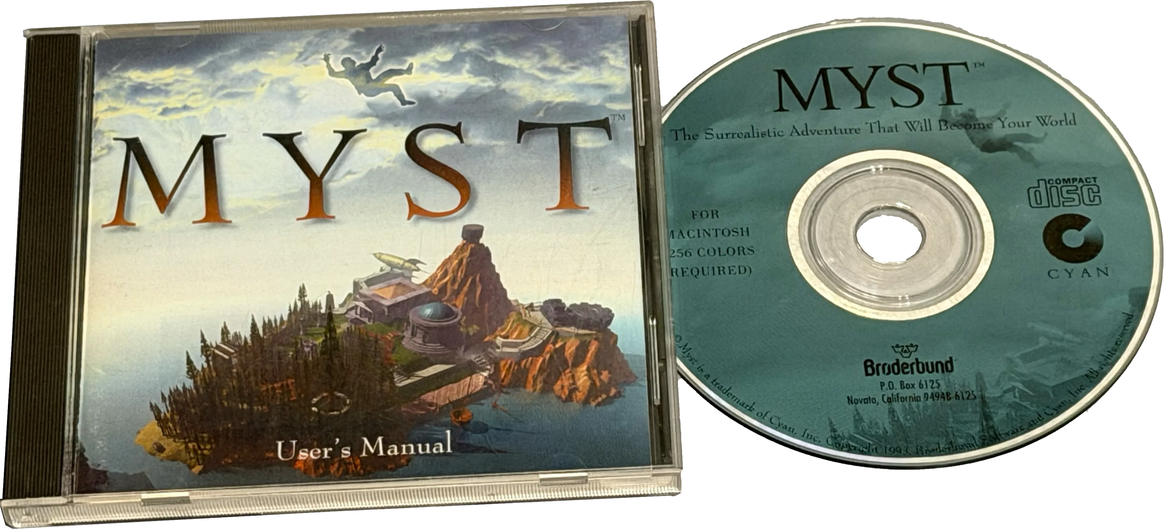Myst – Macintosh-CD-ROM und Jewel Case mit Benutzerhandbuch