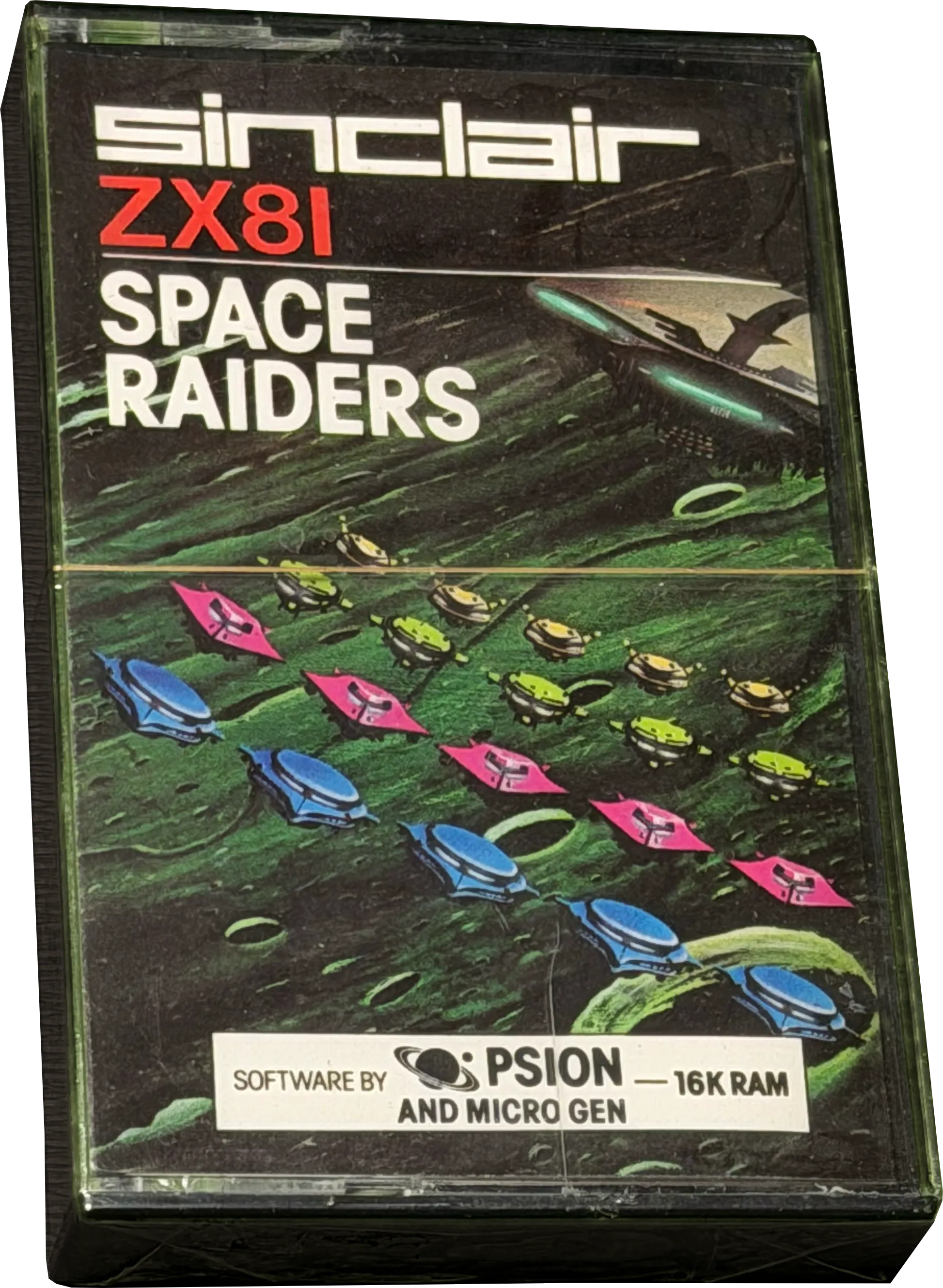 Originalverschweißte Sinclair-ZX81-Softwarekassette Space Raiders; Vorderseite der Kassettenhülle