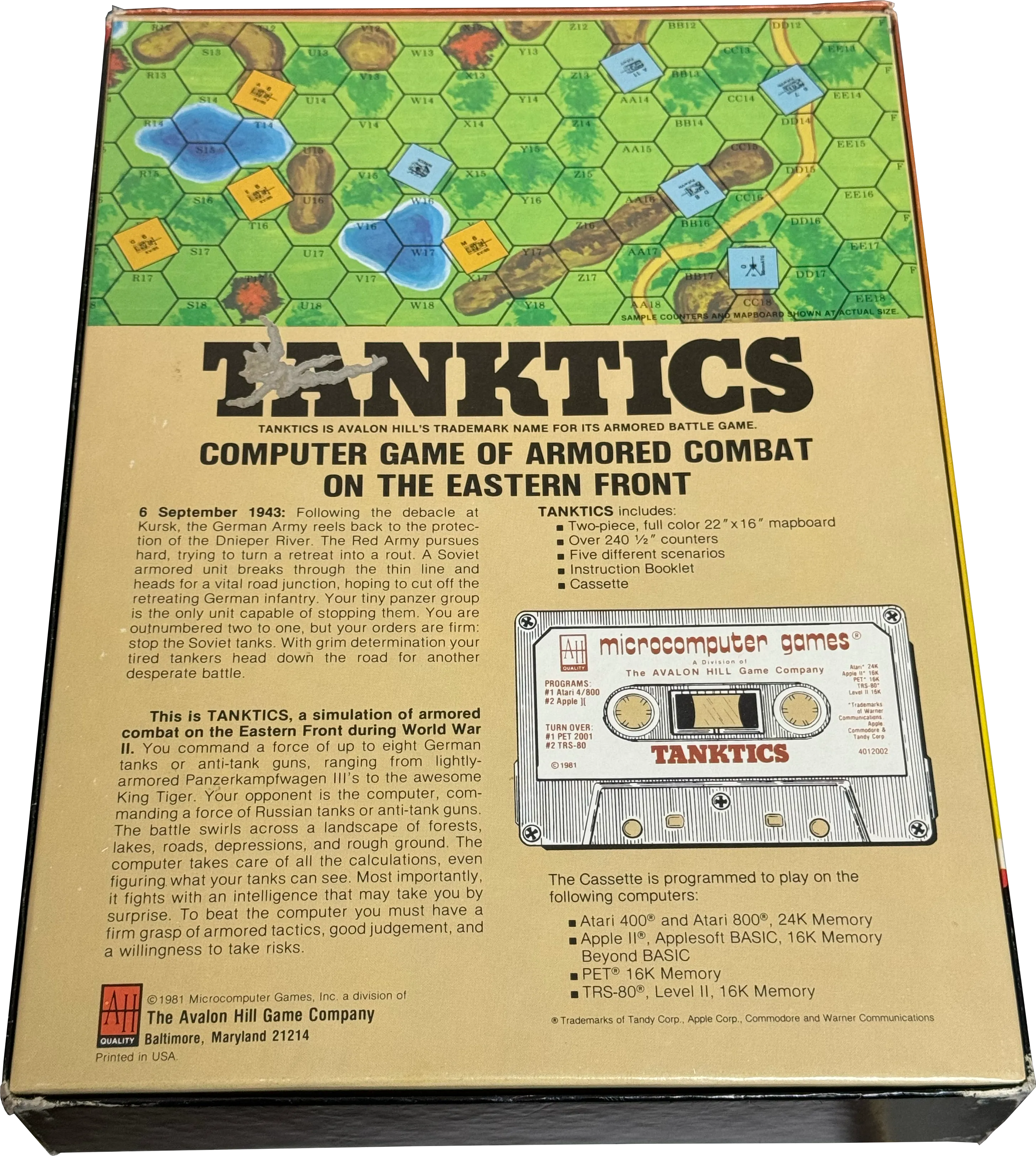 Tanktics – Rückseite der Avalon-Hill-Verpackung mit Spielbeschreibung, Kartenbeispiel und Systemanforderungen
