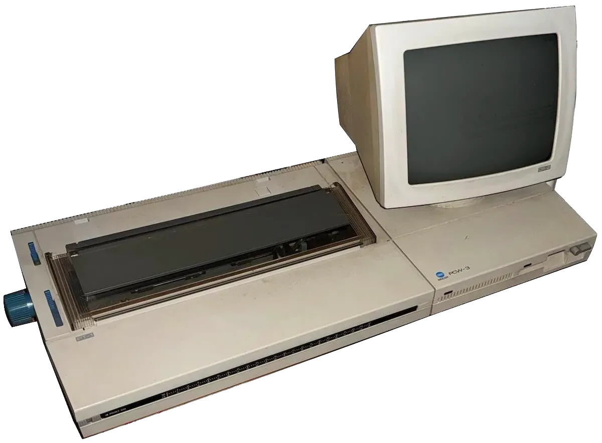 Minolta PCW-3 mit integriertem Typenraddrucker und CRT-Monitor; die separate Tastatur fehlt beim vorhandenen Exemplar