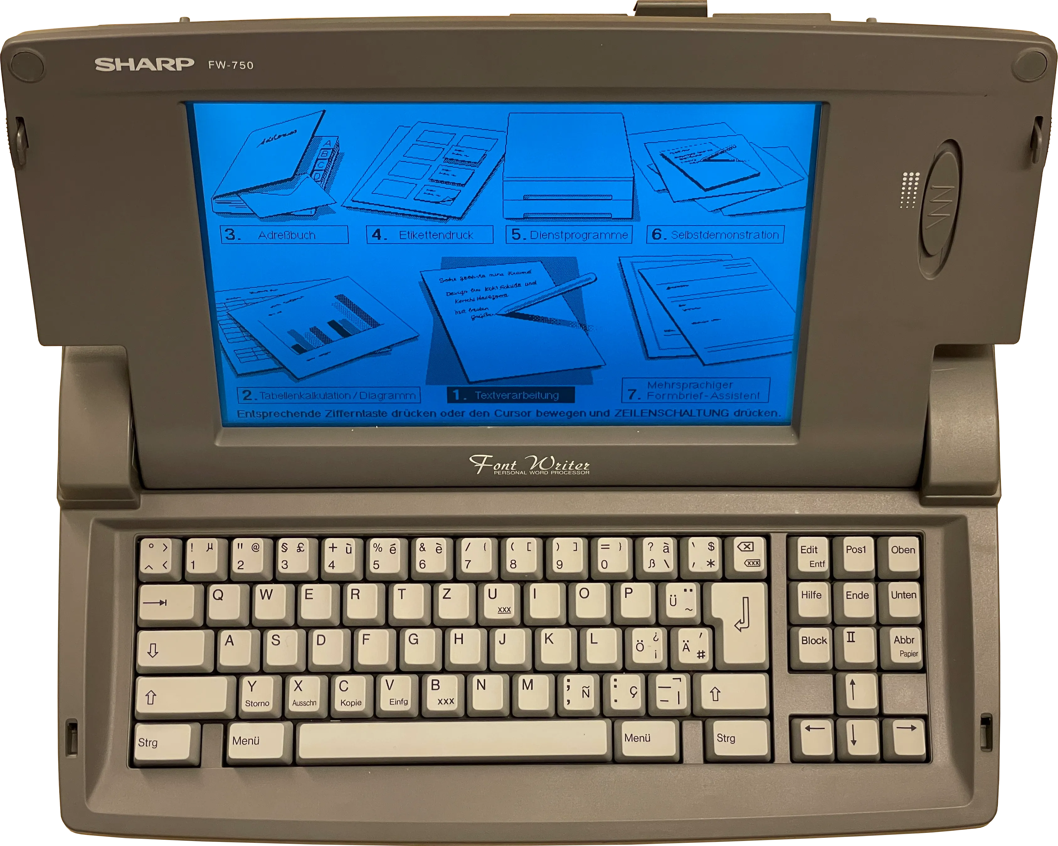 Sharp Font Writer FW-750 mit deutscher Tastatur und eingeschaltetem Hauptmenü
